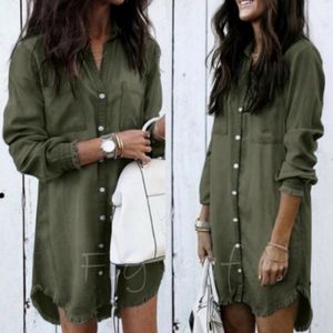 New Boho Freyed Hem Button Up Olive Denim Dress